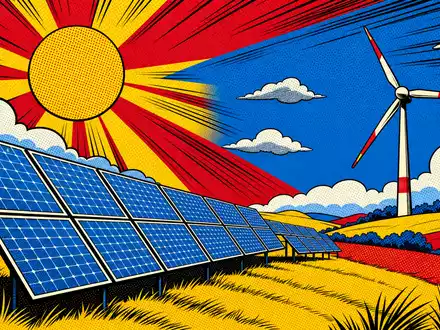 Pop-Art-Comic-Illustration zeigt stilisierte Solarpanels und Windrad passend zum Profil von Neoen S.A., ISIN FR0011675362 - Foto: THN
