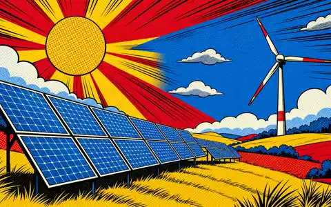 Pop-Art-Comic-Illustration zeigt stilisierte Solarpanels und Windrad passend zum Profil von Neoen S.A., ISIN FR0011675362 - Foto: THN