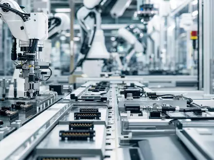 Fotorealistische Fabrikszene symbolisiert TE Connectivity Ltd. (CH0102993182), Roboterarme fertigen elektronische Steckverbinder auf moderner Produktionslinie präzise - Foto: THN