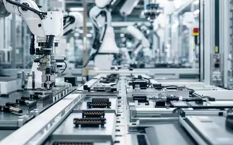 Fotorealistische Fabrikszene symbolisiert TE Connectivity Ltd. (CH0102993182), Roboterarme fertigen elektronische Steckverbinder auf moderner Produktionslinie präzise - Foto: THN