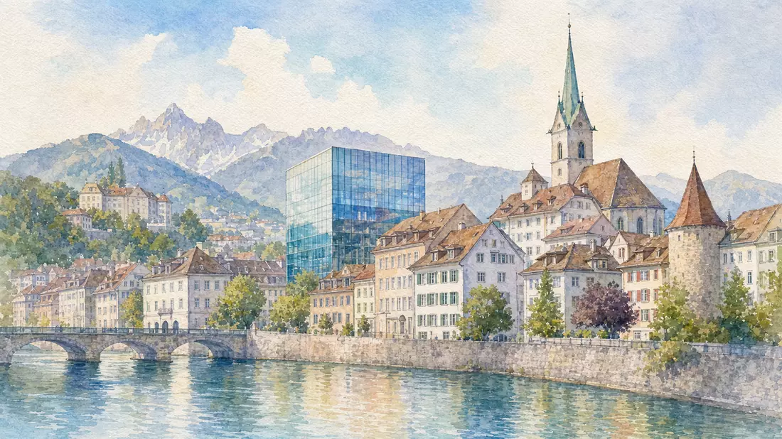 Aquarellbild einer Schweizer Altstadt am Fluss mit modernem Glasbürogebäude im Zentrum
