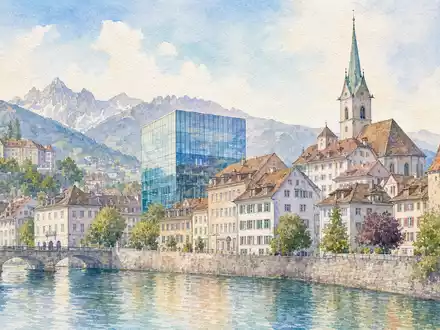Zarte Aquarellmalerei einer Schweizer Flussstadt symbolisiert Hauptsitz-Region von TE Connectivity Ltd. (CH0102993182) mit modernem Glasgebäude - Foto: THN
