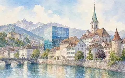 Zarte Aquarellmalerei einer Schweizer Flussstadt symbolisiert Hauptsitz-Region von TE Connectivity Ltd. (CH0102993182) mit modernem Glasgebäude - Foto: THN