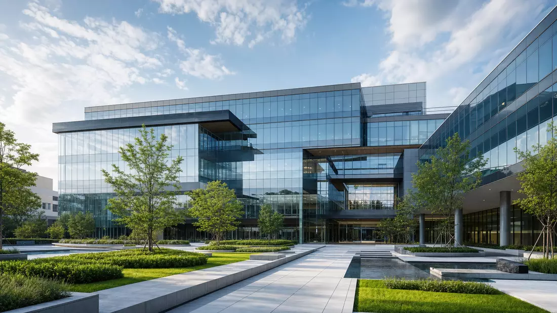 Architekturvisualisierung eines modernen Glas- und Stahlbürogebäudes mit gepflegter Grünanlage davor