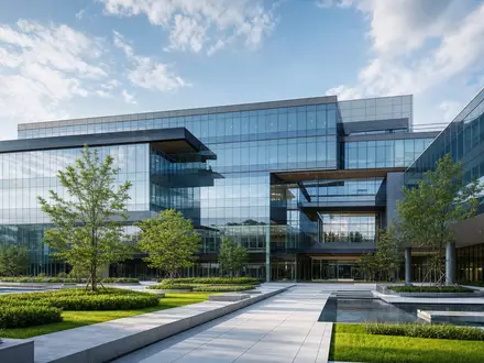Modernes Architektur-Rendering eines Glas-Bürokomplexes repräsentiert Unternehmenszentrale von TE Connectivity Ltd. (CH0102993182) mit begrüntem Vorplatz - Foto: THN