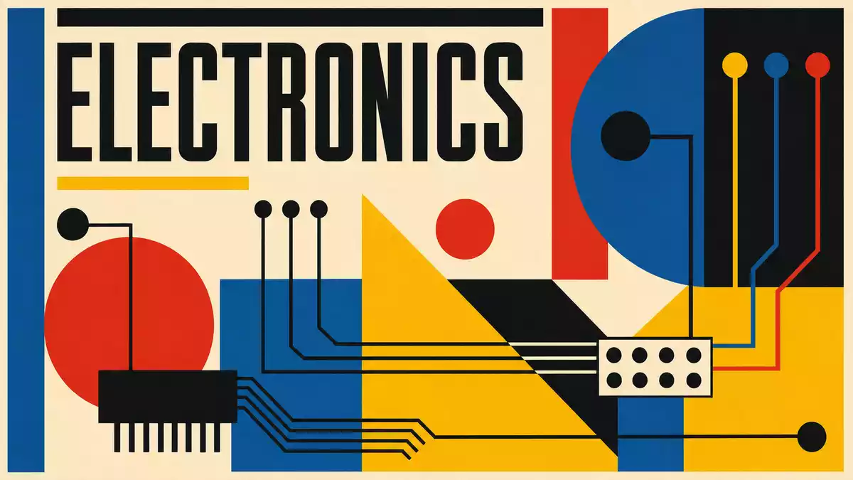 Geometrisches Bauhaus-Poster in Primärfarben mit stilisierten Schaltkreisen und dem Wort ELECTRONICS