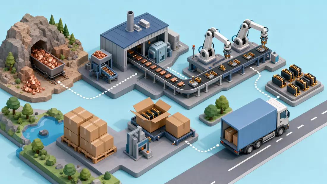Isometrische 3D-Grafik einer industriellen Wertschöpfungskette von Rohmaterial bis Warenauslieferung