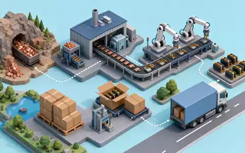 Isometrische 3D-Wertschöpfungskette zeigt Produktionsprozess passend zu TE Connectivity Ltd. (CH0102993182), von Rohkupfer bis fertigem Steckverbinder-Versand - Foto: THN