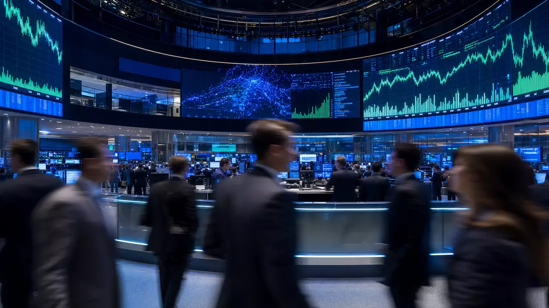 Editorial-Aufnahme eines Trading-Floors mit großen Bildschirmen und leuchtenden Aktienkursdiagrammen