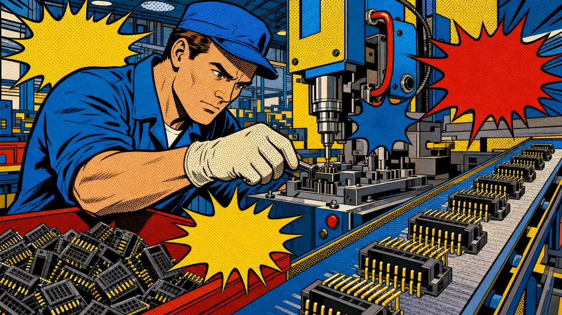 Pop-Art-Comic-Illustration eines Fabrikarbeiters an Maschine mit bunten elektronischen Steckverbindern
