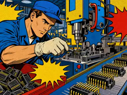 Farbenfrohe Pop-Art-Comic-Szene eines Fabrikarbeiters visualisiert augenzwinkernd die Elektronikbranche von TE Connectivity Ltd. (CH0102993182) im Retro-Stil - Foto: THN