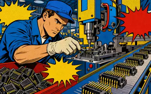 Farbenfrohe Pop-Art-Comic-Szene eines Fabrikarbeiters visualisiert augenzwinkernd die Elektronikbranche von TE Connectivity Ltd. (CH0102993182) im Retro-Stil - Foto: THN