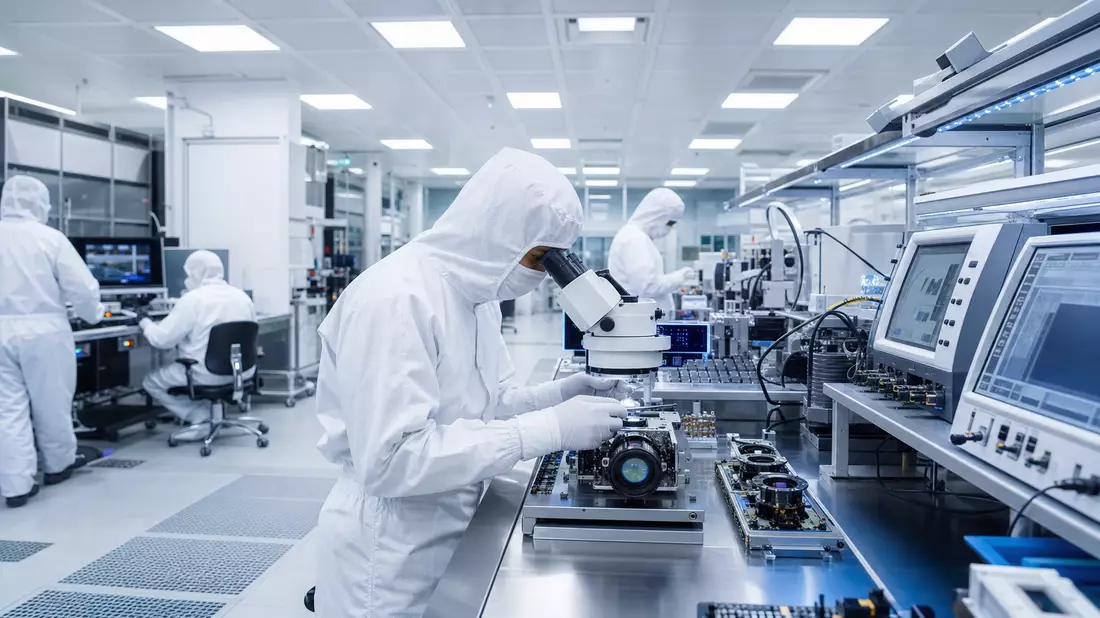 Ingenieure in Reinraumanzügen prüfen optische Sensoren in moderner Elektronikfertigung