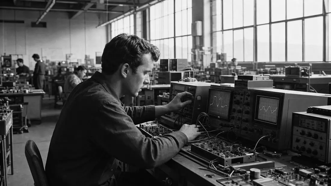 Schwarzweiß-Reportagefoto eines Technikers an Oszilloskopen in Elektronikfabrik