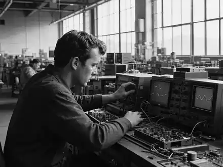 Teledyne Technologies (US8793601050) illustriert als dokumentarische Schwarzweiß-Reportage einen Techniker an elektronischen Präzisionsmessgeräten in der Fabrik - Foto: THN