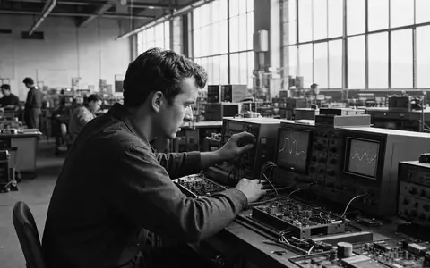 Teledyne Technologies (US8793601050) illustriert als dokumentarische Schwarzweiß-Reportage einen Techniker an elektronischen Präzisionsmessgeräten in der Fabrik - Foto: THN