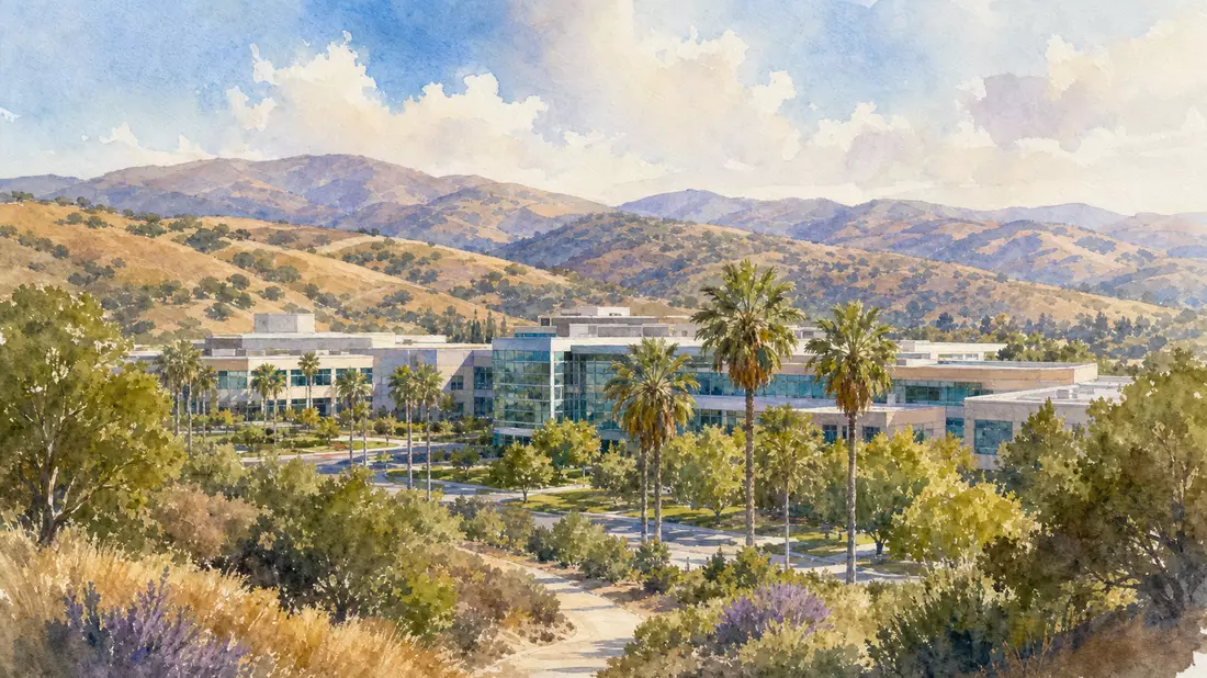 Aquarellbild eines modernen Forschungscampus in kalifornischer Hügellandschaft mit Palmen