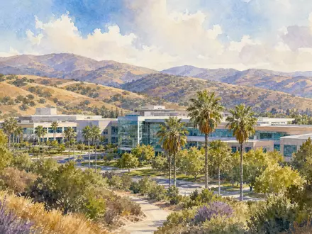 Teledyne Technologies (US8793601050) dargestellt als Aquarellgemälde eines modernen Forschungscampus in kalifornischer Hügellandschaft mit Palmen - Foto: THN