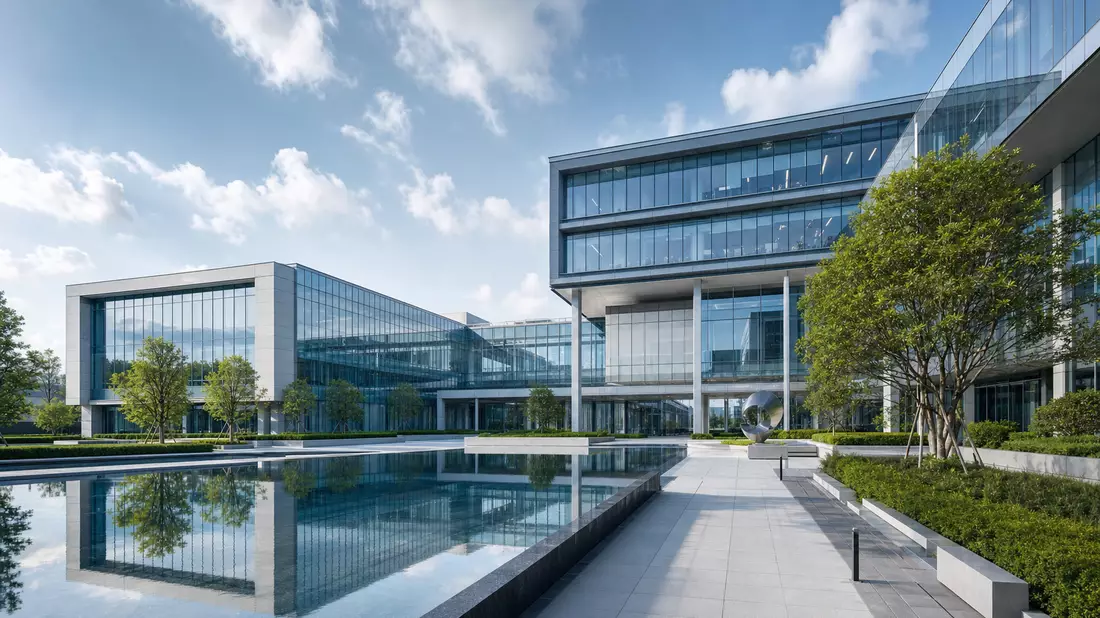 Architektur-Rendering eines modernen Glas- und Stahl-Forschungsgebäudes mit Wasserbecken
