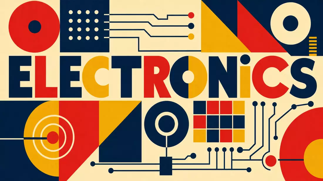 Geometrisches Bauhaus-Poster mit Kreisen, Schaltkreis-Motiven und Schriftzug ELECTRONICS