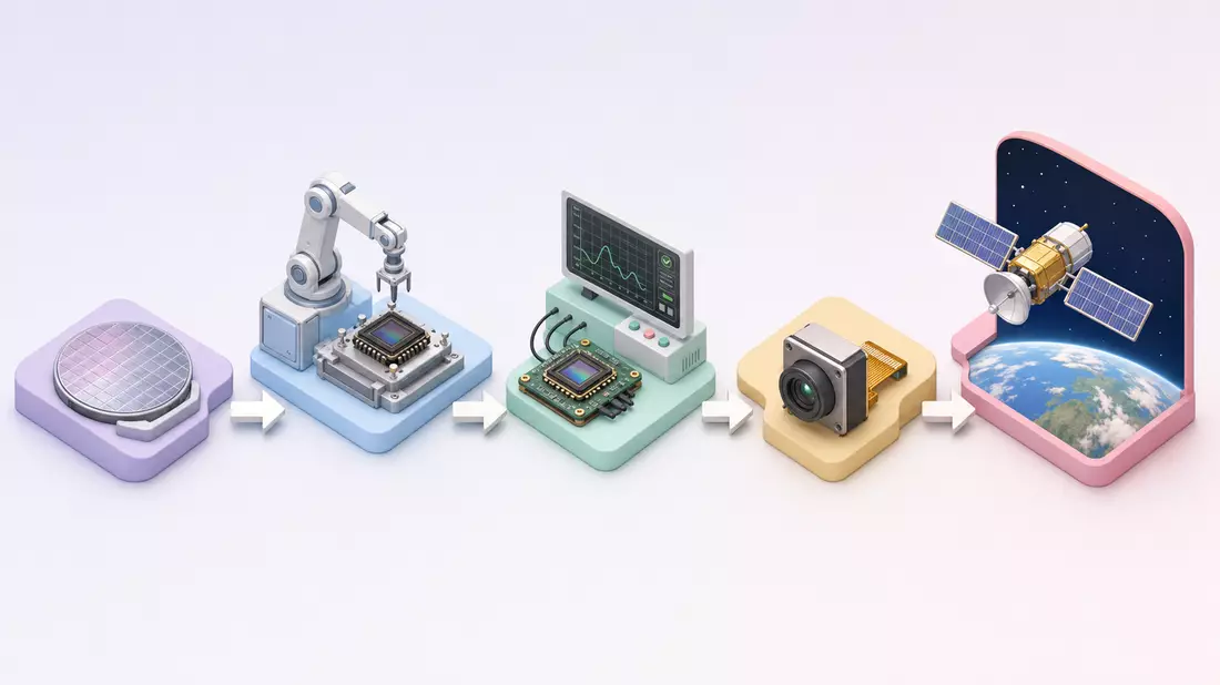 Isometrische 3D-Grafik der Wertschöpfungskette von Siliziumwafer bis Satellitensensor