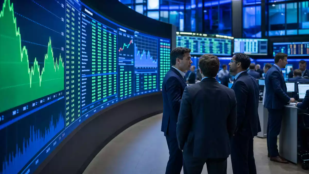 Börsen-Trading-Floor mit großen Bildschirmen und Charts, Händler im Gespräch