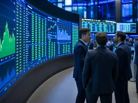 Teledyne Technologies (US8793601050) dargestellt im Börsen-Editorial-Stil mit belebtem Trading-Floor und sektorspezifischen Technologie-Aktiencharts im Hintergrund - Foto: THN