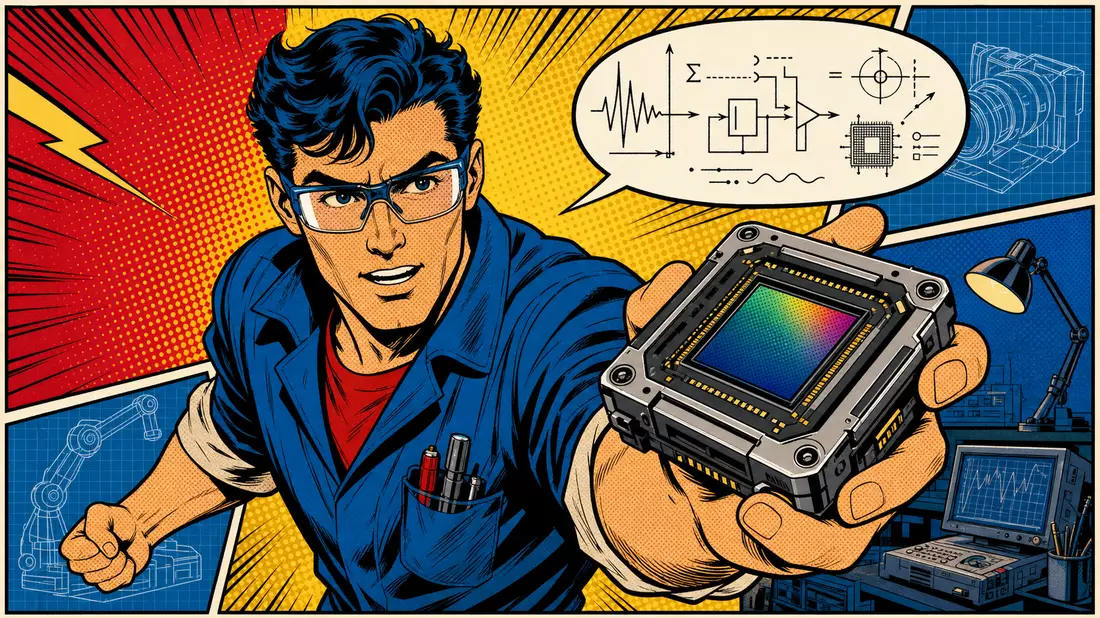 Pop-Art-Comic-Illustration eines Ingenieurs, der einen futuristischen Kamerasensor zeigt