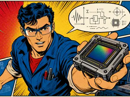 Teledyne Technologies (US8793601050) im Pop-Art-Comic-Stil mit einem Ingenieur, der stolz einen futuristischen Kamerasensor präsentiert - Foto: THN