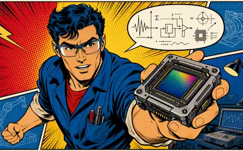 Teledyne Technologies (US8793601050) im Pop-Art-Comic-Stil mit einem Ingenieur, der stolz einen futuristischen Kamerasensor präsentiert - Foto: THN