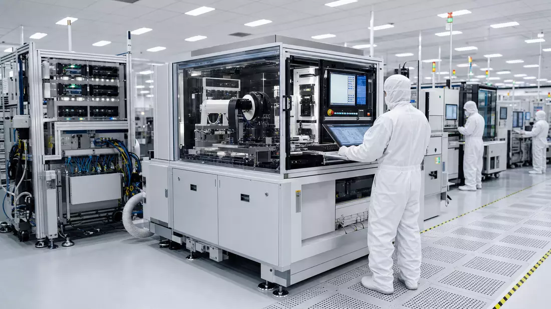 Reinraum-Techniker bedient Halbleiter-Testanlage in moderner Fabrikhalle