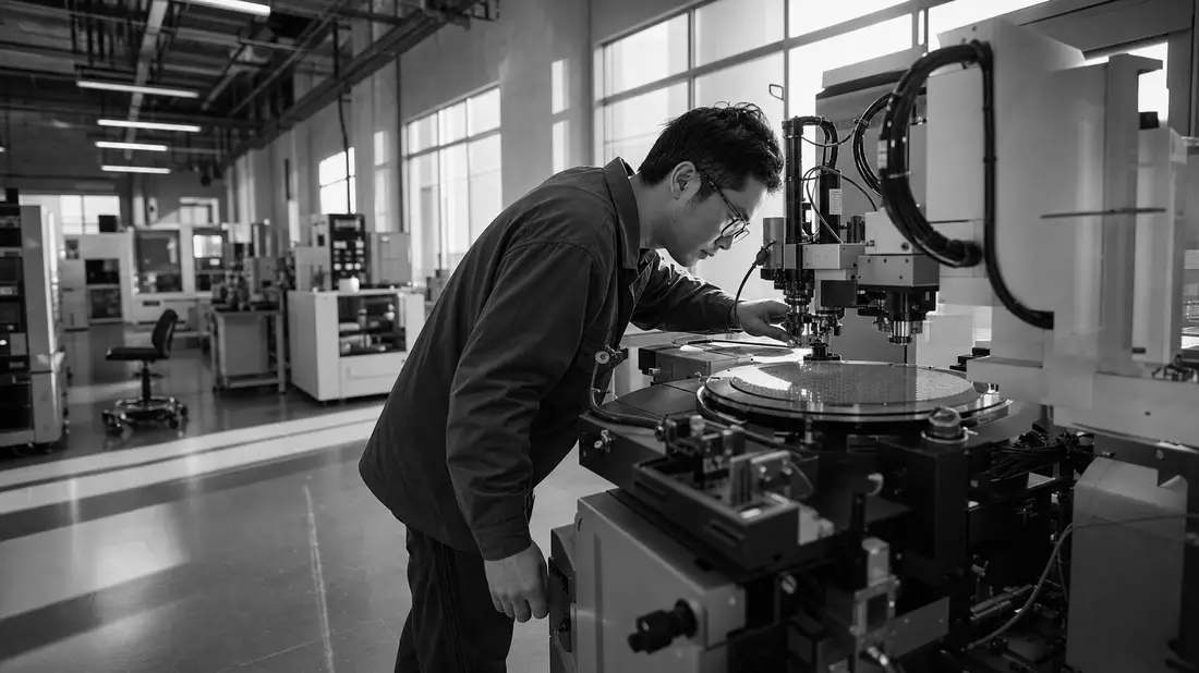 Techniker prüft Wafer-Prober-Maschine in dokumentarischer Schwarzweiß-Aufnahme