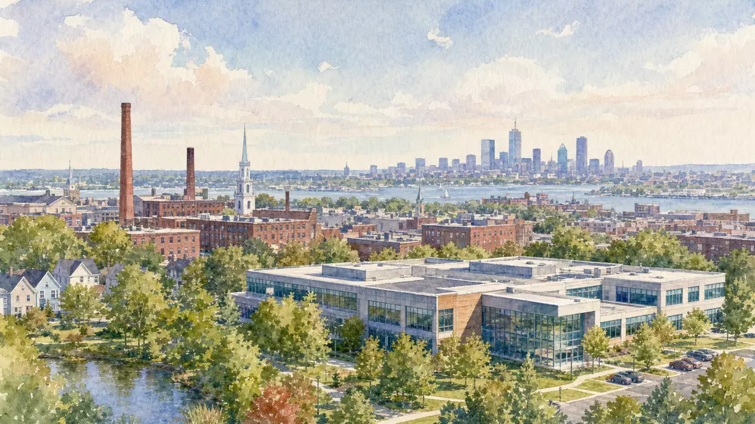 Aquarell einer Neuengland-Stadtansicht mit modernem Technologiecampus am Wasser