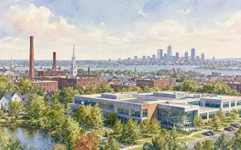 Aquarellgemälde einer Massachusetts-Skyline repräsentiert den Firmensitz von Teradyne Inc. US8807701029 in New England künstlerisch - Foto: THN