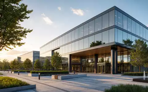 Architektur-Render einer gläsernen Firmenzentrale visualisiert den Unternehmenssitz von Teradyne Inc. US8807701029 modern und elegant - Foto: THN