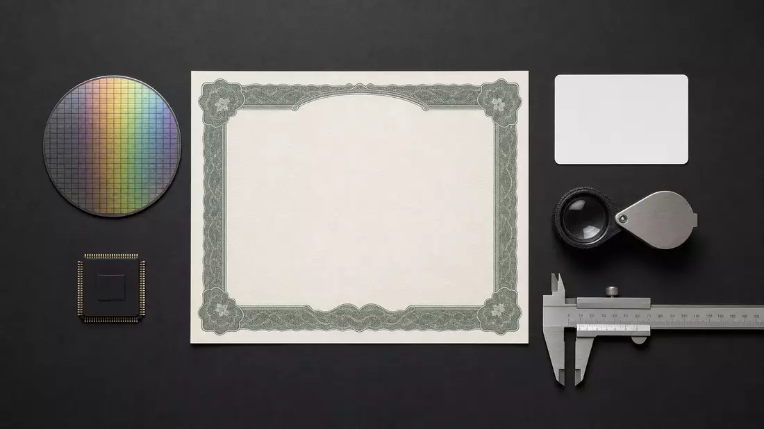 Flatlay mit Aktienzertifikat, ISIN-Karte, Siliziumwafer, Mikrochip und Messschieber