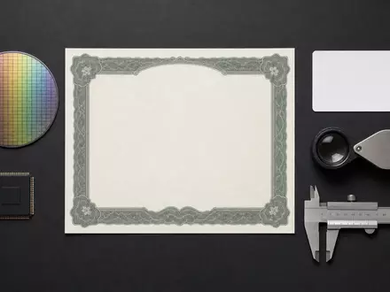 Flatlay mit Aktienzertifikat, ISIN-Karte und Siliziumwafer illustriert die Kapitalanlage in Teradyne Inc. US8807701029 anschaulich - Foto: THN