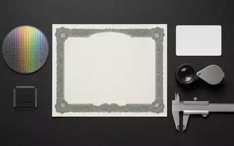 Flatlay mit Aktienzertifikat, ISIN-Karte und Siliziumwafer illustriert die Kapitalanlage in Teradyne Inc. US8807701029 anschaulich - Foto: THN