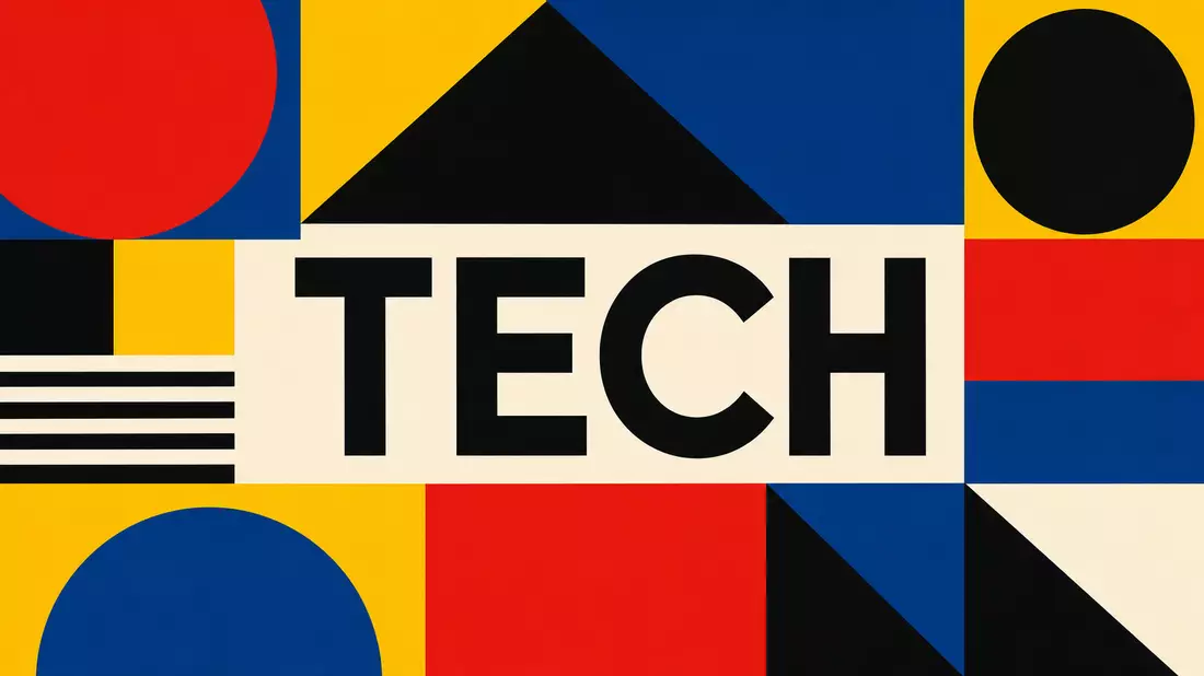 Bauhaus-Poster mit geometrischen Formen und dem Schriftzug TECH in Primärfarben