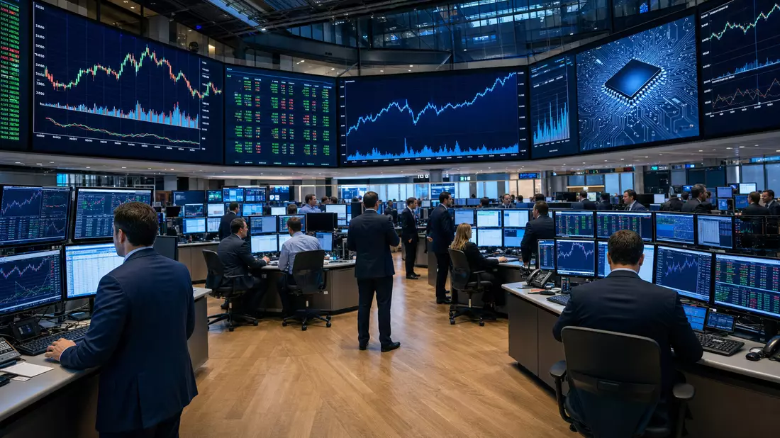 Trader an Bildschirmen mit Tech-Aktiencharts in belebtem Börsenhandelssaal