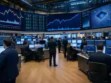 Börsen-Editorial mit Handelssaal und Tech-Charts symbolisiert die Börsennotierung von Teradyne Inc. US8807701029 an der NASDAQ - Foto: THN