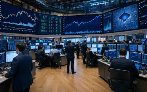 Börsen-Editorial mit Handelssaal und Tech-Charts symbolisiert die Börsennotierung von Teradyne Inc. US8807701029 an der NASDAQ - Foto: THN