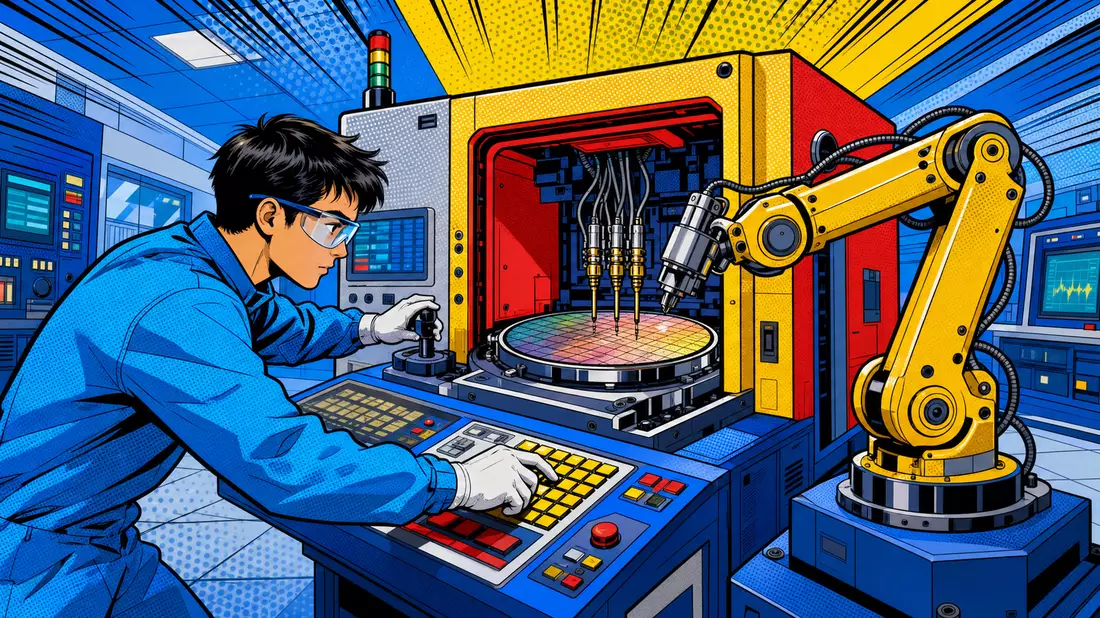 Bunte Pop-Art-Comicillustration eines Technikers an einer Halbleiter-Testmaschine