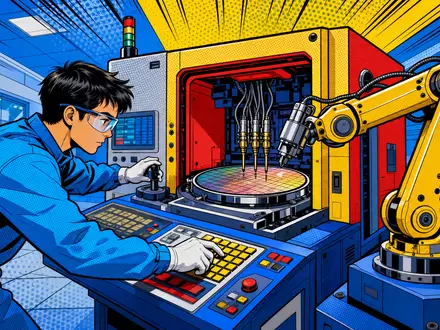 Pop-Art-Comicszene mit Testmaschine und Roboterarm vermittelt die Innovationskraft von Teradyne Inc. US8807701029 verspielt - Foto: THN