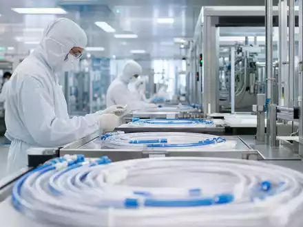 Teleflex Inc. (US8793691069) zeigt eine sterile Reinraum-Produktionslinie für medizinische Kathetersysteme und Schläuche fotorealistisch - Foto: THN
