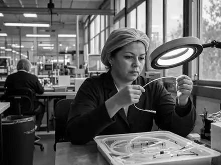 Teleflex Inc. (US8793691069) dargestellt als dokumentarische Schwarzweiß-Reportage einer Arbeiterin bei der Kathetermontage - Foto: THN