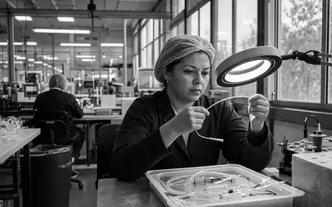 Teleflex Inc. (US8793691069) dargestellt als dokumentarische Schwarzweiß-Reportage einer Arbeiterin bei der Kathetermontage - Foto: THN