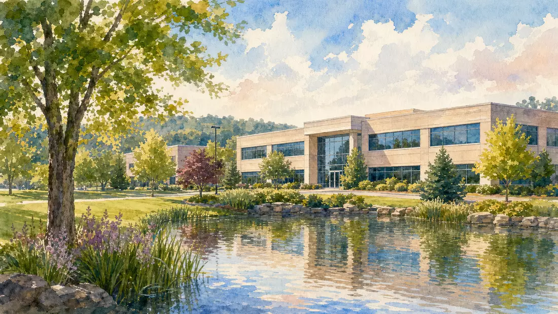 Aquarellmalerei eines modernen Bürogebäudes in einem grünen Firmenpark mit Teich