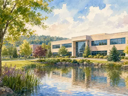 Teleflex Inc. (US8793691069) symbolisiert durch ein Aquarellbild eines ruhigen Firmensitzes in Pennsylvania mit Teich - Foto: THN