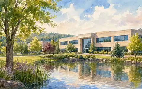 Teleflex Inc. (US8793691069) symbolisiert durch ein Aquarellbild eines ruhigen Firmensitzes in Pennsylvania mit Teich - Foto: THN